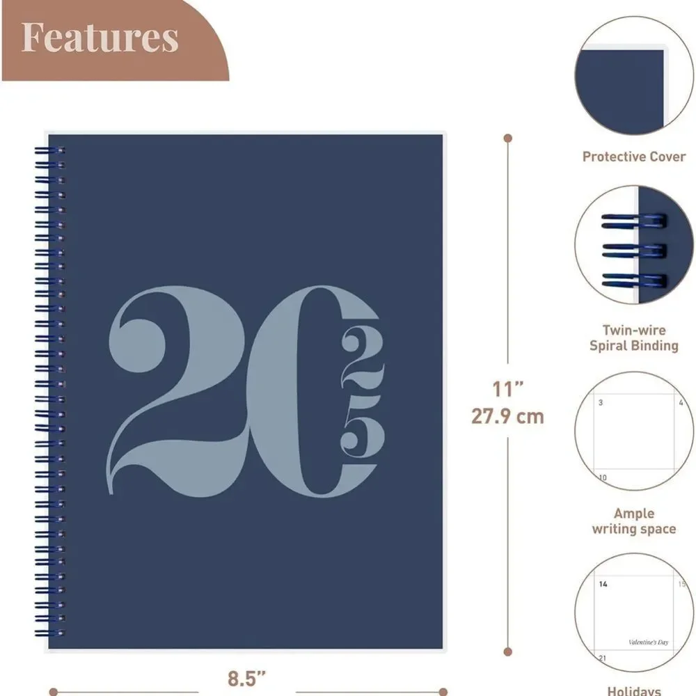 2025 Weekly Planner Annual & Monthly Planner Flexible Cover, Note  Pages, Blue